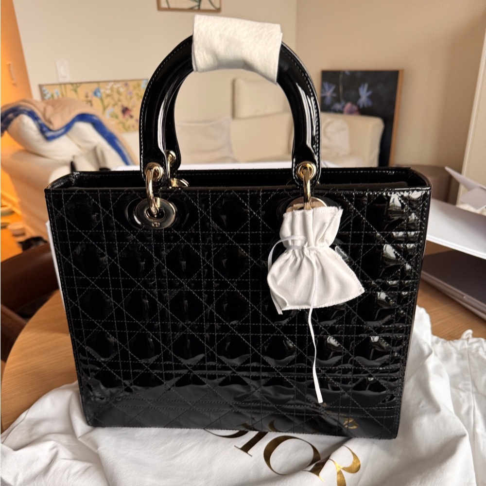 Large Lady Dior Bag - black patent leather- pale gold embellishments